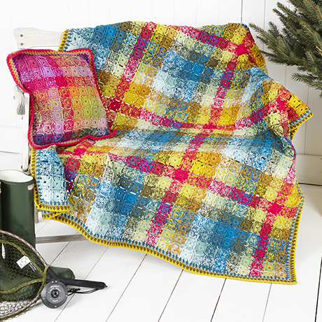Crochet Rainbow Tartan Blanket and Cushion Cover 9255 in Special DK - Click Image to Close